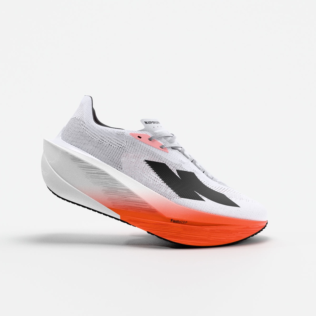 Kiprun racing shoe in white and orange, three-quarter view — brand press photo.