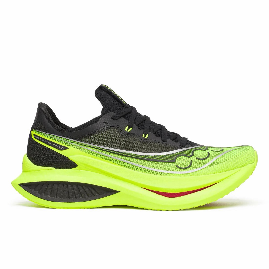 Saucony performance running shoe in citron and black, side profile — brand press photo.